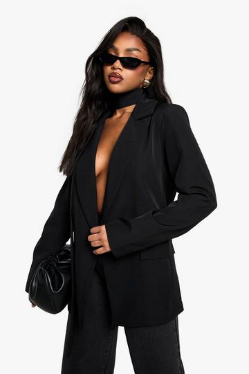 Black Woven Tie Neck Detail Blazer