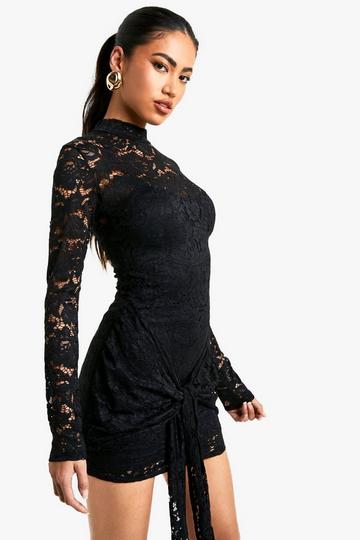 Lace Detail Long Sleeve Tie Front Lined Mini Dress black