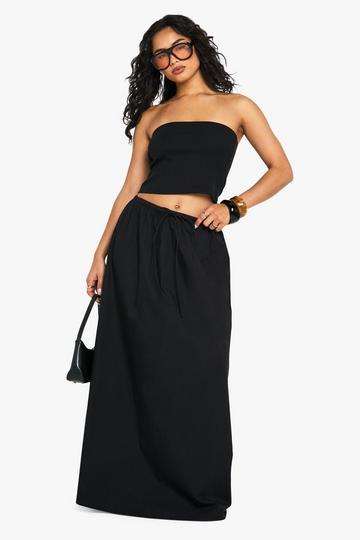 Drawstring Waist Cotton Poplin Maxi Skirt black