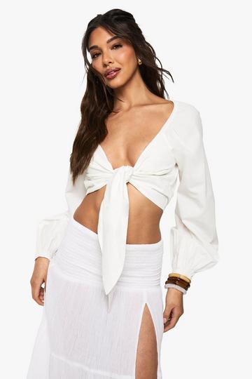 Katoenen Long Line Crop Top Met Strik white