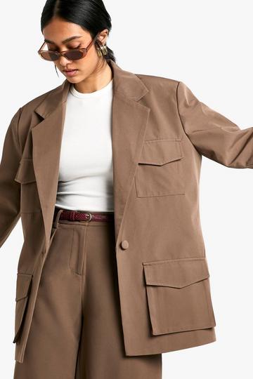 Oversized Geweven Getailleerde Blazer Met Zak Detail mocha