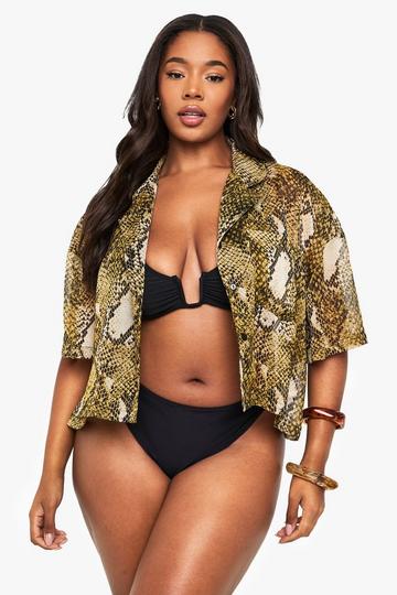 Plus Beachwear Essentials Snake Print Cropped Shirt brown