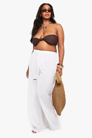 Plus Crinkle Beaded Wide Leg Beach Trousers white