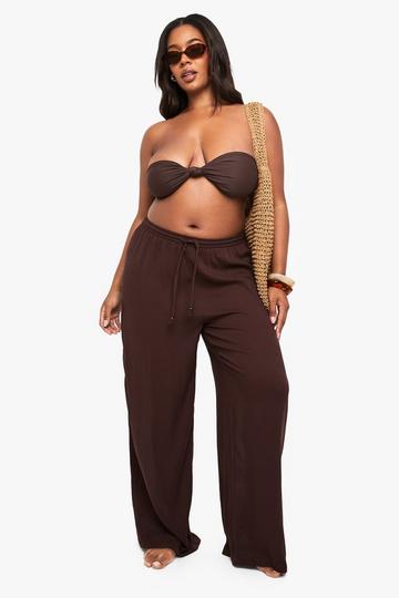 Plus Crinkle Beaded Wide Leg Beach Trousers dark brown