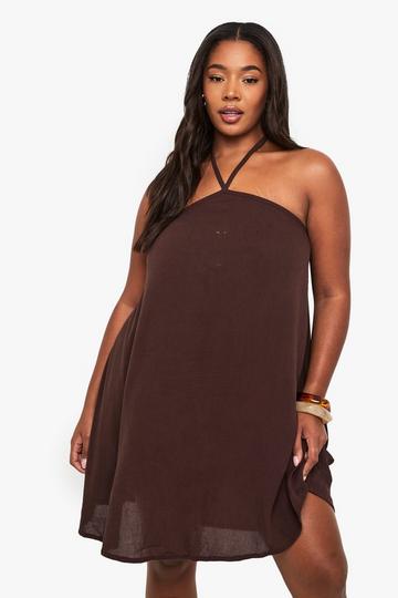 Plus Cheesecloth Halter Mini Beach Dress chocolate