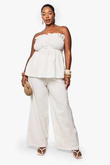 Plus Linen Look Longline Bandeau And Wide Leg Trouser Co-Ord ecru