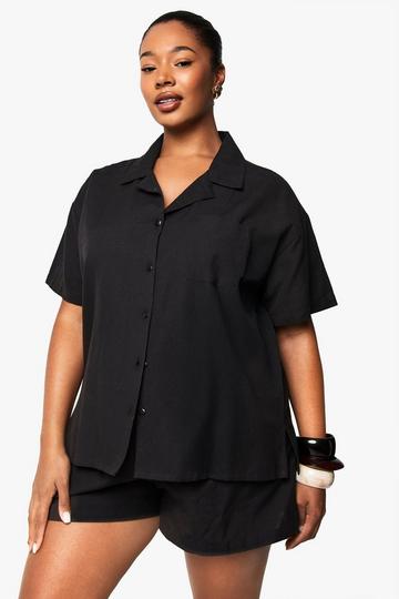 Plus Linen Look Short Sleeve Shirt And Elasticated Waist Short Co-Ord black