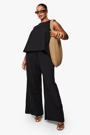 Plus High Neck Sleeveless Top And Drawstring Wide Leg Trousers Co-ord black