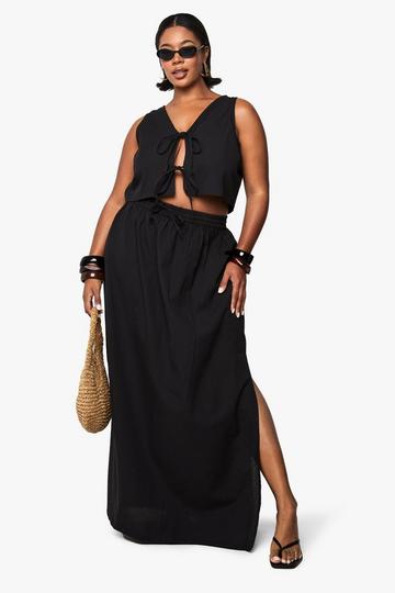Plus Linen Look Tie Front Sleeveless Top And Maxi Skirt Co-Ord black