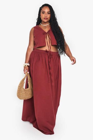 Plus Linen Look Tie Front Sleeveless Top And Maxi Skirt Co-Ord paprika