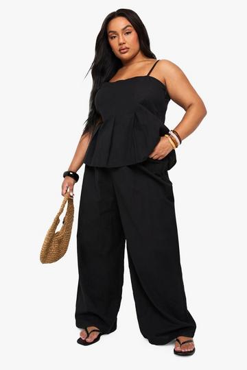 Plus Linen Look Pleated Square Neck Cami Top And Wide Leg Trousers Co-Ord black
