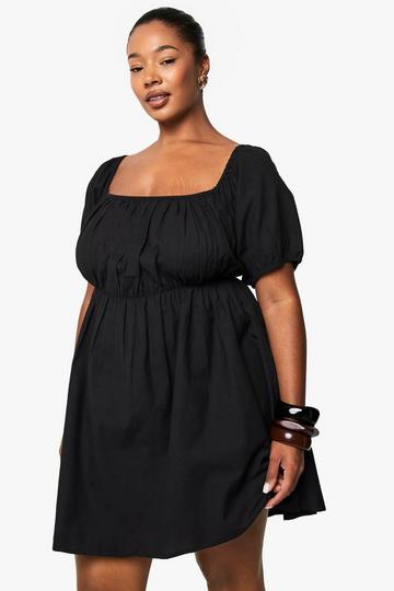 Plus Linen Tie Back Puff Sleeve Smock Mini Dress black