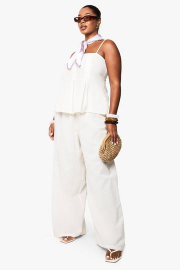 Camel Beige Plus Linen Look Pleated Square Neck Cami Top And Wide Leg Trousers Co-Ord