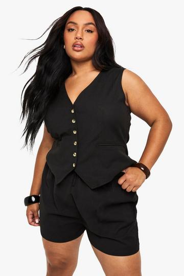 Plus Linnen Look Gilet En Shorts Set black