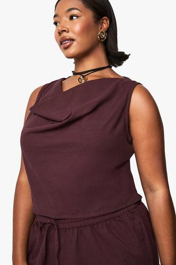 Plus Linen Look Cowl Neck Crop Top chocolate