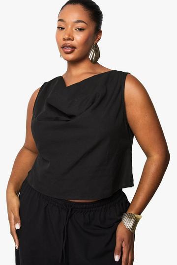 Plus Linen Look Cowl Neck Crop Top black