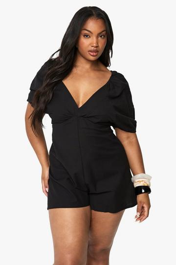 Plus Zwarte Linnen Look Playsuit Met Pofmouwen En Strik black