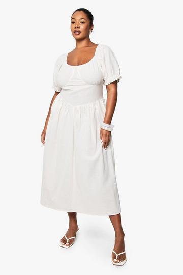 Plus Linen Look Puff Sleeve Midaxi Dress ivory