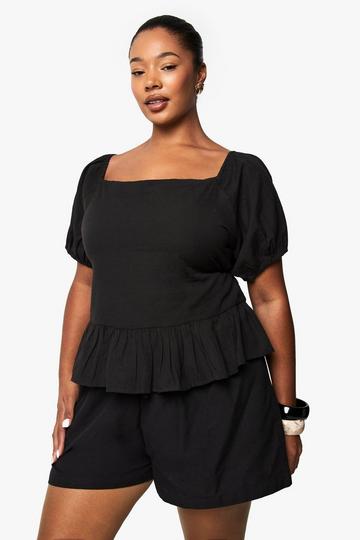 Plus Linen Puff Sleeve Smock Top black