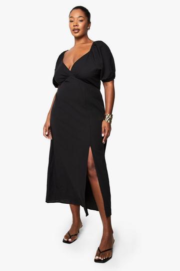 Plus Linen Look Tie Back Puff Sleeve Midaxi Dress black