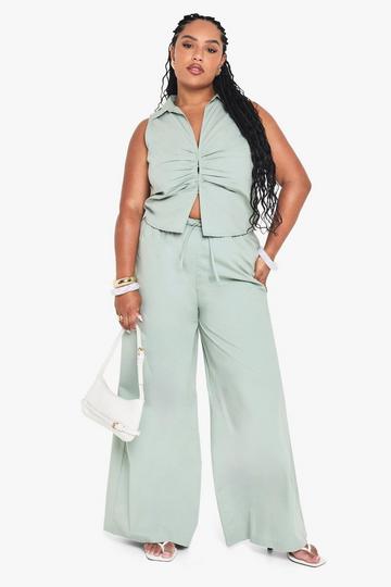 Plus Drawstring Waist Poplin Wide Leg Trouser sage