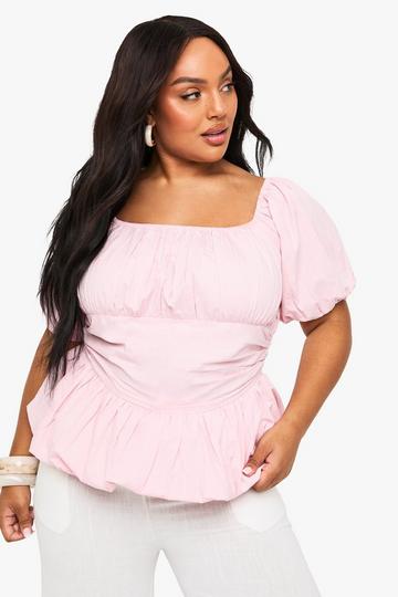 Plus Katoenen Blouse Met Pofmouwen pink