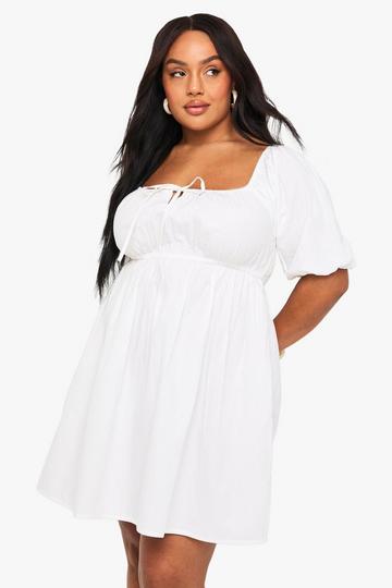 Plus Tie Front Pleated Cotton Skater Dress white