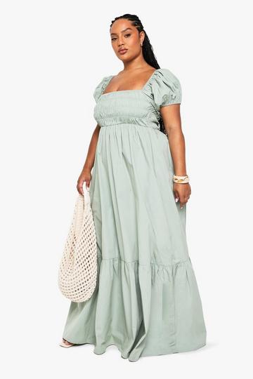 Grande taille - Robe longue en coton à manches bouffantes sage