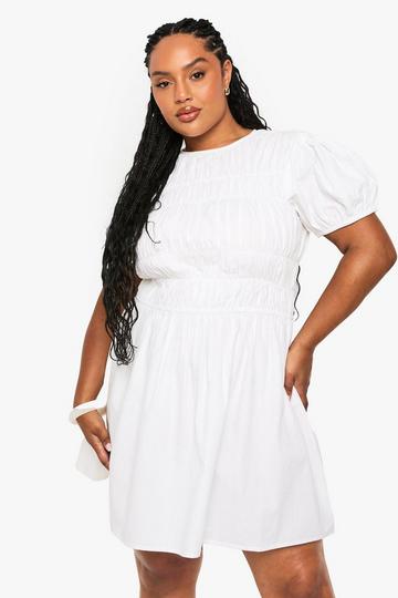 Plus Cotton Shirred Skater Dress white