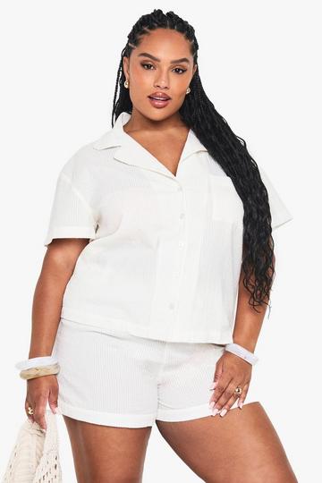 Plus Seersucker Short Sleeve Shirt & Flippy Shorts Co-ord ivory