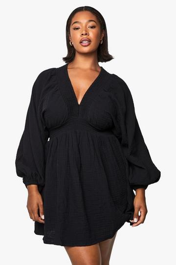Plus Kaasdoek Skater Jurk Met Shirtmouwen black