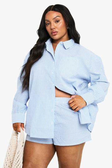 Plus Stripe Long Sleeve Shirt And Shorts Co Ord blue