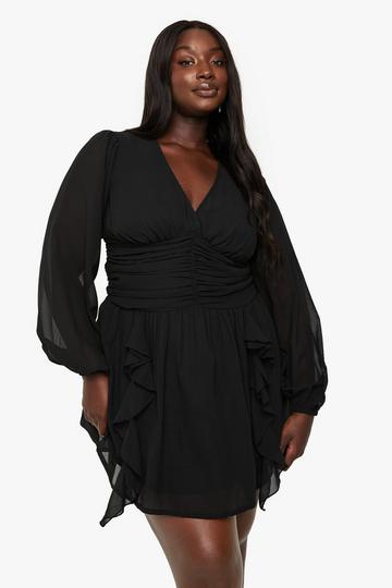 Plus Chiffon Ruffle Skater Dress black