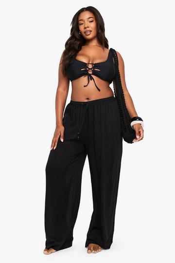 Plus Crinkle Beaded Wide Leg Beach Trousers black