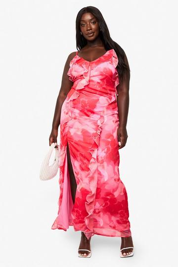 Plus Floral Chiffon Ruffle Maxi Slip Dress pink