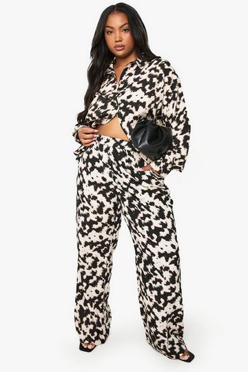 Plus Abstract Elasticated Back Wide Leg Trousers brown