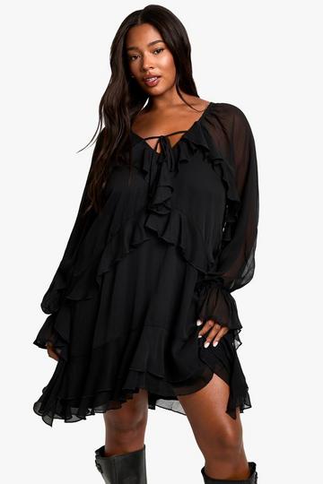 Plus Chiffon Ruffle Smock Dress black