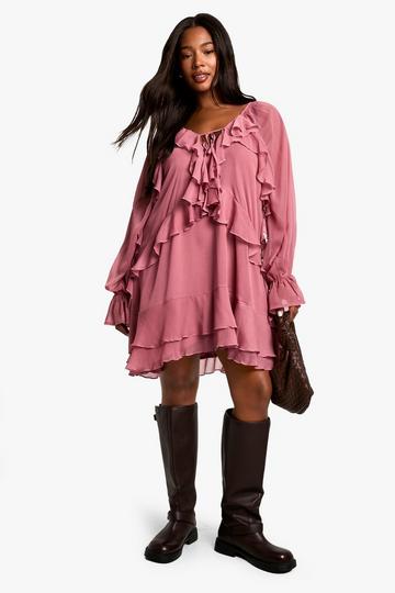 Plus Chiffon Ruffle Smock Dress rose