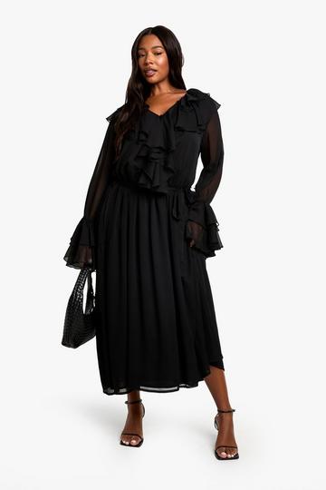 Black Plus Chiffon Ruffle Tie Belt Skater Maxi Dress