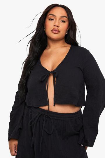 Black Plus Cheesecloth Long Sleeve Tie Front Top