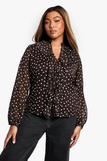 Plus Polka Dot Ruffle Tie Front Volume Sleeve Blouse chocolate