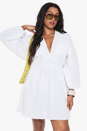 Plus Cheesecloth Blouson Sleeve Skater Dress white