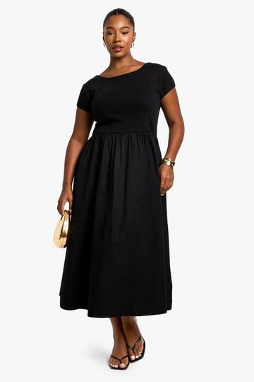 Plus Rib Cotton Poplin Short Sleeve Smock Dress black