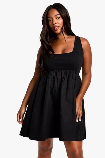 Plus Rib Cotton Poplin Mini Smock Dress black