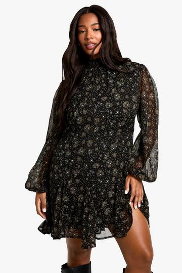 Plus Chiffon Skater Jurk Met Print En Hoge Hals black