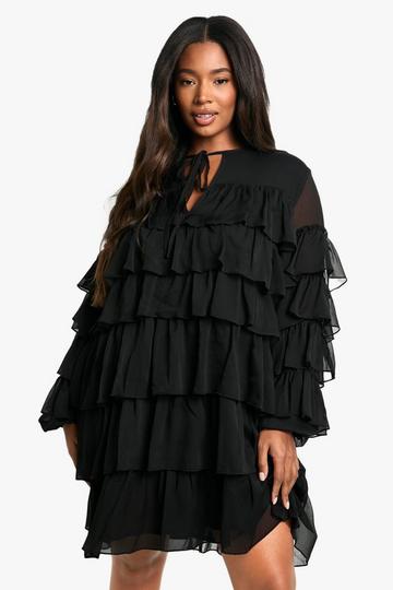 Plus Chiffon Ruffle Pussybow Smock Dress black