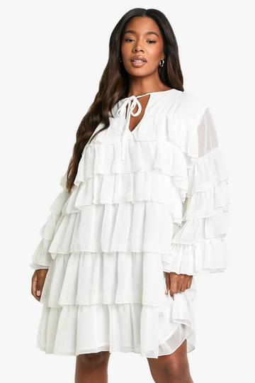 Ivory White Plus Chiffon Ruffle Pussybow Smock Dress