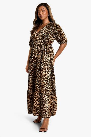 Multi Plus Woven Leopard Print Wrap Tiered Smock Dress