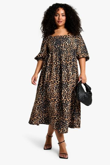 Plus Geweven Gesmokte Jurk Met Pofmouwen En Rug Strik leopard