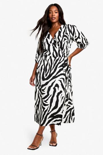 PLUS WOVEN ANIMAL PRINT WRAP MIDI DRESS black